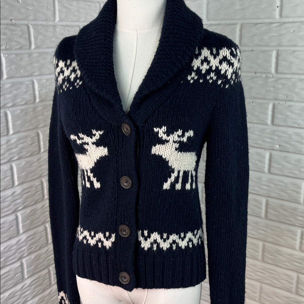 ABERCROMBIE & FITCH FAIR ISLE KNIT CARDIGAN MOOSE WOOL BLEND VELVET NAVY SZ MED - Picture 2 of 15